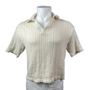 Zara Men's Cream Ribbed Open Knit Collared V Neck Short Sleeve Polo Shirt Top M